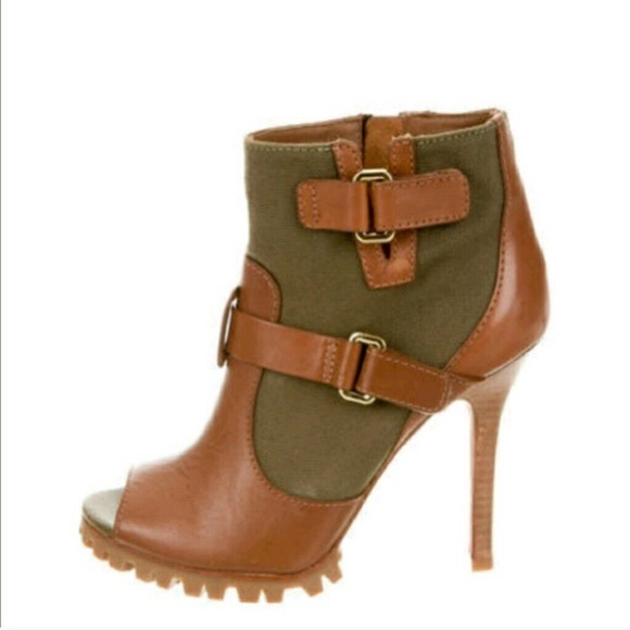 Tory Burch Shoes - Tory Burch Leather and Canvas Peep Toe Bootie